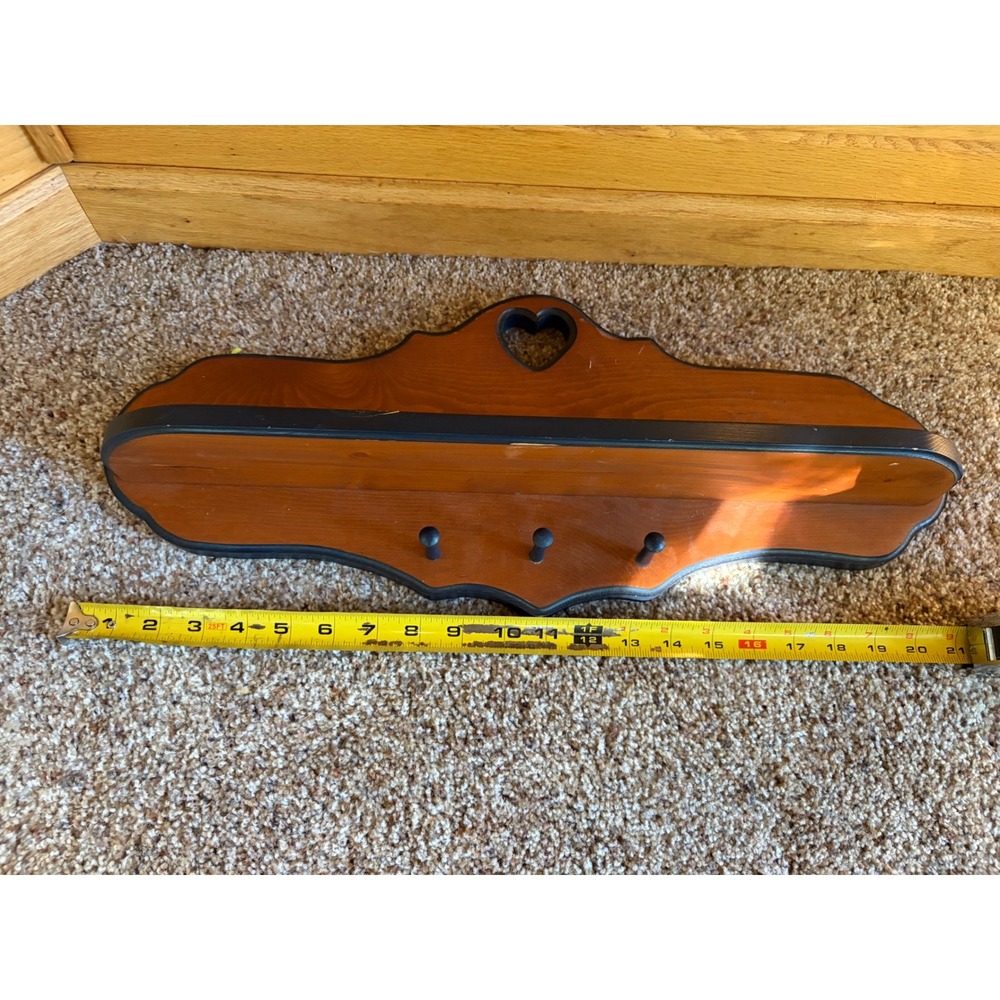 Forrest-James Vintage Wood Wall Shelf Heart Cutout 3 Peg Hooks Country Farmhouse - Picture 7 of 8